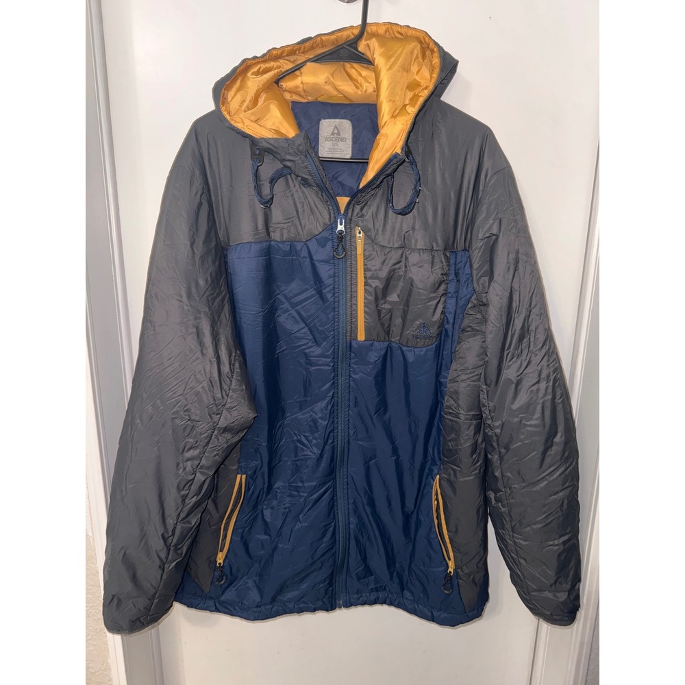 Ascend Mens Hooded Puffer Jacket Blue Grey Yellow‎ Colorblock Insulated Large